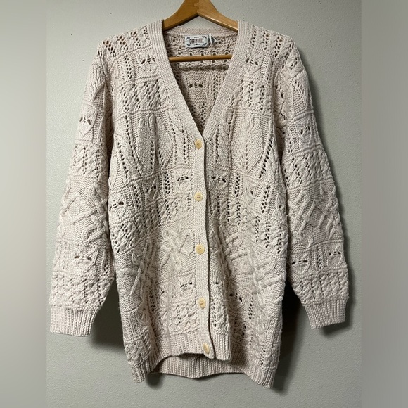 Kinvara Sweaters - 3D Cable Knit Fisherman Chamonix Cardigan Sweater Women L Cream Wool Heavy Cozy